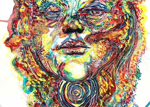 A watercolor painting using mainly red, yellow, and blue paint. It is the face of the artist made out of paint splatters, thin white lines, and splotches of red, blue, and yellow paint. The face and neck are disconnected and there is a blue spiral on the top of the neck. The left eye of the person is close and the right one is half open. Paint splatters move off of the frame of the painting.