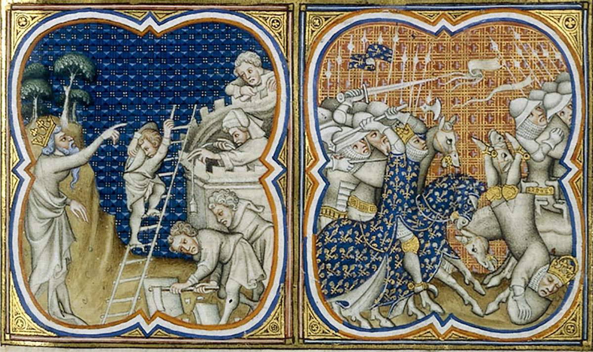 Detail from illuminations in “The Great Chronicle of France” showing the founding of Sicambri and French armies defeating the Romans. 