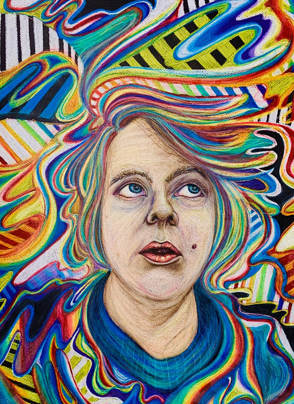 A self portrait of the artist. In the middle of the drawing is a white queer person who is looking upwards towards the right of the image at their hair. The person’s mouth is open and their face has hues of various colors. Their hair is multicolored in an assortment of red, orange, yellow, green, blue, purple, pink, brown, and black. The hair blends into the background of swirls, squiggly lines, stripes, and patterns of various colors. The shoulders and neck area of the artist are covered in more rainbow co