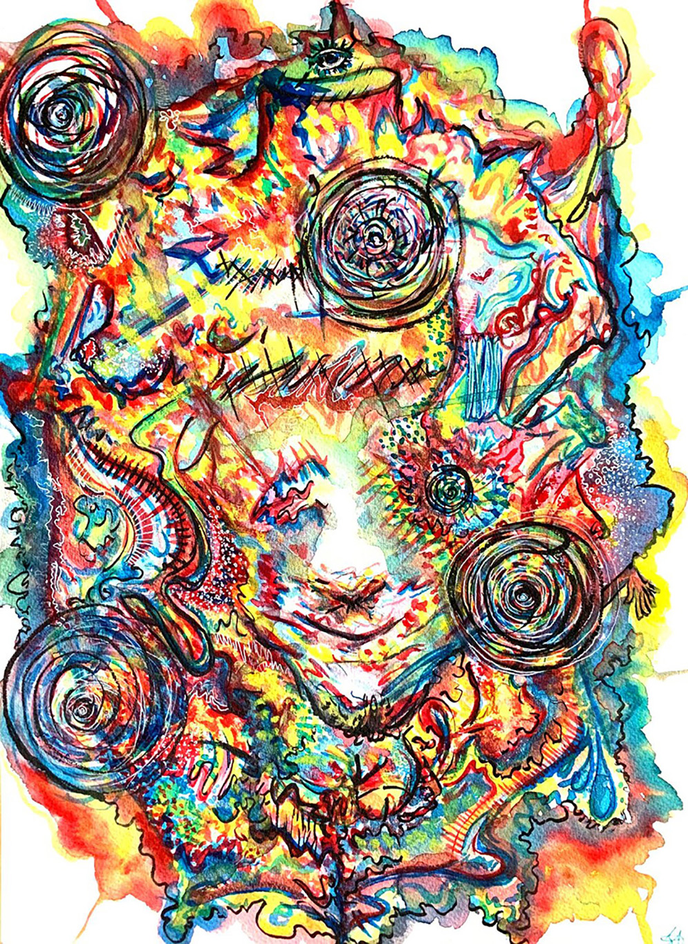 A watercolor painting using mainly red, yellow, and blue paint. There is an abstract morphed body in the center of the painting surrounded by squiggles, lines, circles, and paint drips that represent the shift in one’s body and identity. The body has various sex characteristics but is not discernable of what sex the body is. 