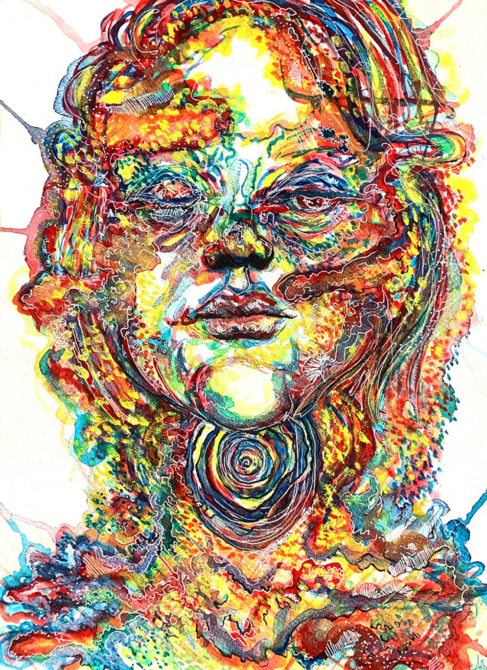 A watercolor painting using mainly red, yellow, and blue paint. It is the face of the artist made out of paint splatters, thin white lines, and splotches of red, blue, and yellow paint. The face and neck are disconnected and there is a blue spiral on the top of the neck. The left eye of the person is close and the right one is half open. Paint splatters move off of the frame of the painting.