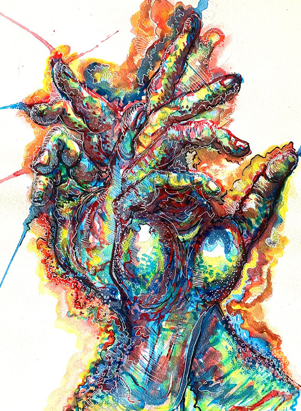 A watercolor painting using mainly red, yellow, and blue paint. There are two hands, the right hand crosses over the left hand with the fingers curving and bending slightly to grab something above it. The right hand looks like it is trying to caress something off the frame of the painting. The hands are mostly blue and are surrounded by yellow, orange, and red paint. The hands are outlined in thin white lines and dots creating the shape of the hands.