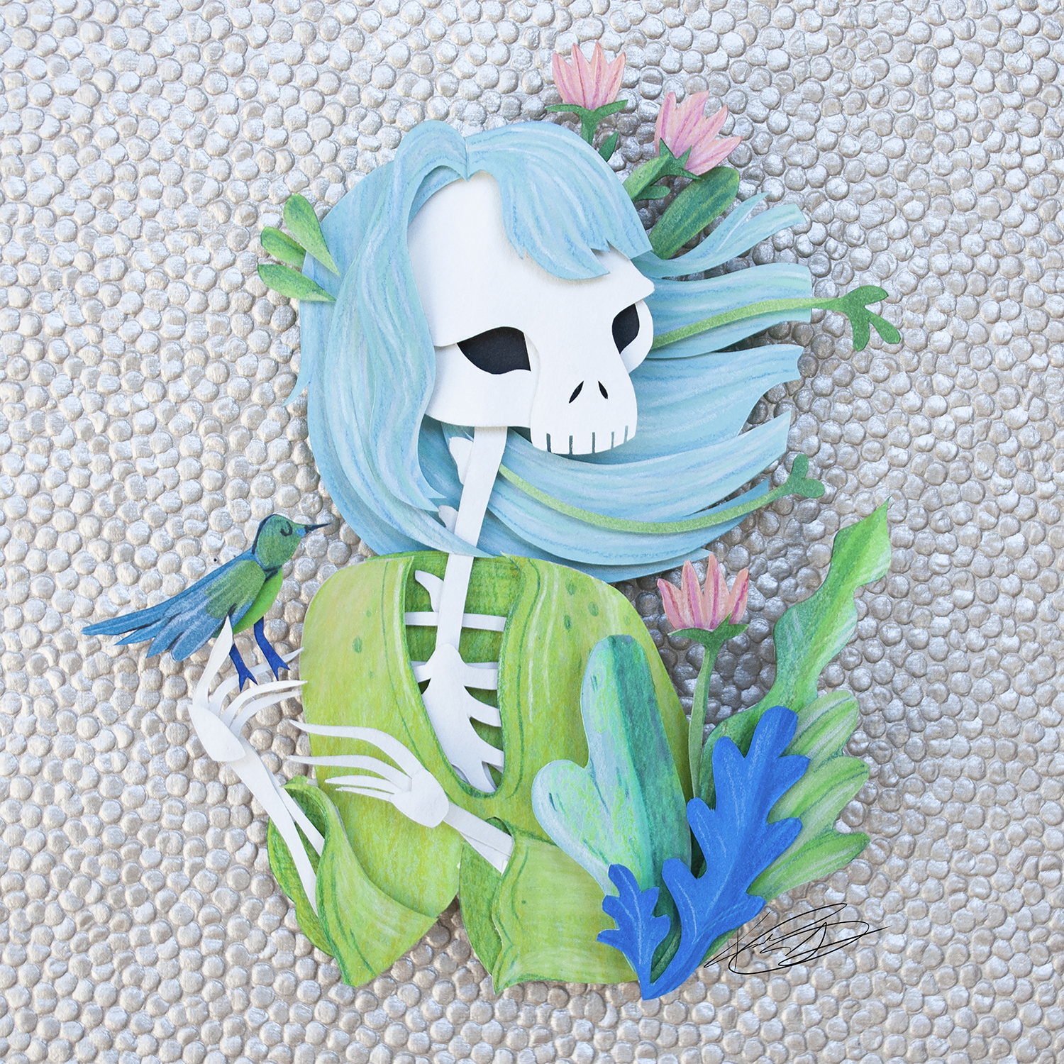 Cut paper skeleton girl with flowers blooming around her and a bird on her hand.