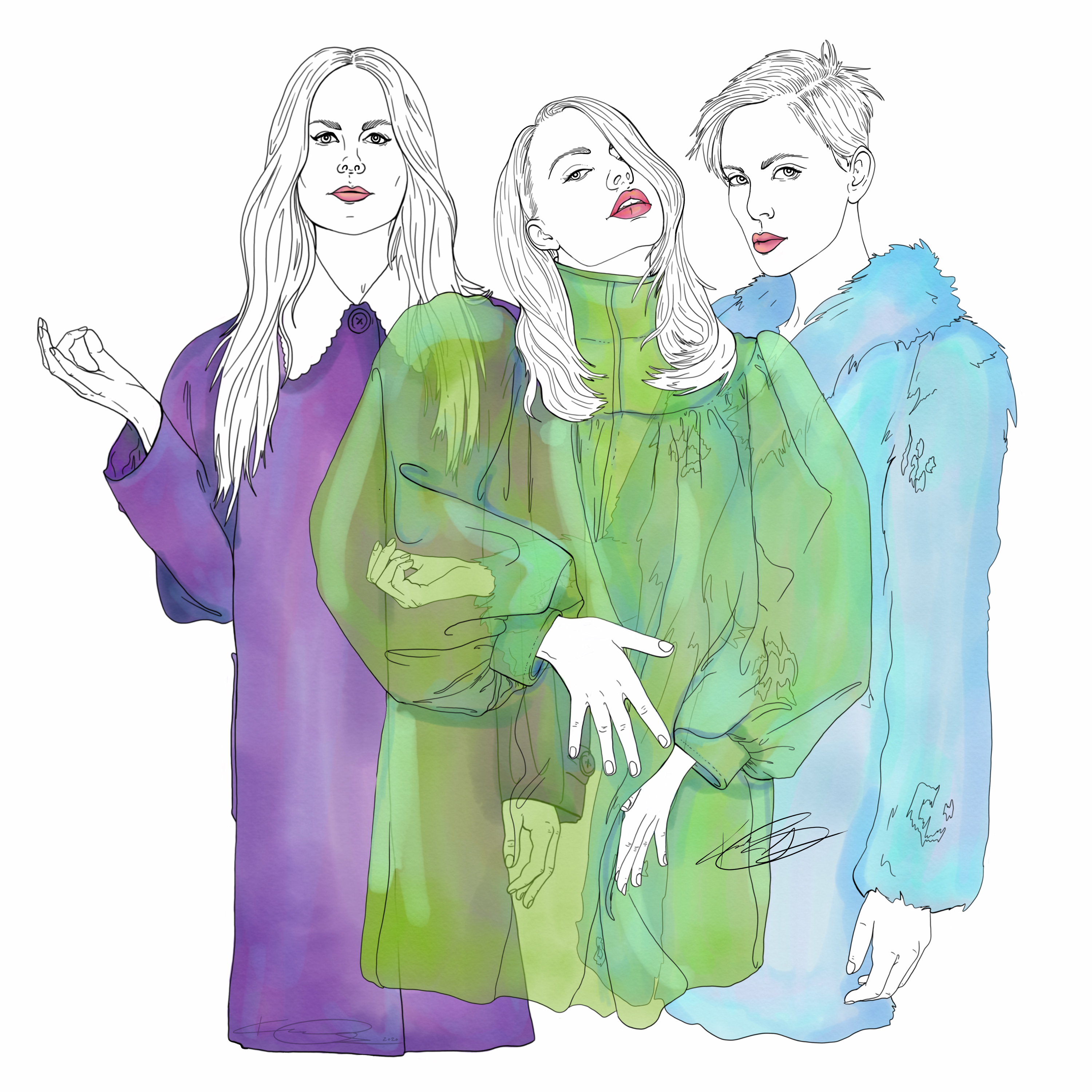 Digital painting of 3 women posing together in fashionable clothing.