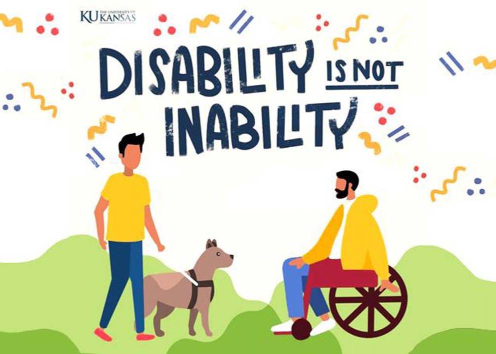 Disability is not Inability Poster with man and his guide dog walking towards a man in a wheelchair