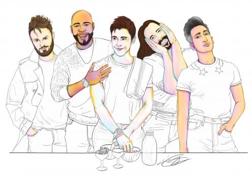 Digital painting of 5 people standing closely together as one mixes cocktails.