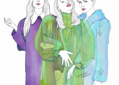 Digital painting of 3 women posing together in fashionable clothing.